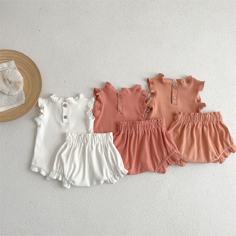 Conjunto de verano para niñas Ins, conjunto de tirantes acanalados, camiseta de algodón con mangas voladoras para niñas, conjunto de dos piezas_voghion.com