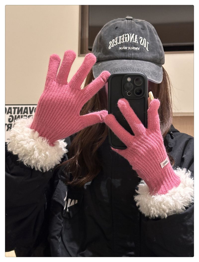 2024. gada jaunā korejiešu versija, plīša malas cimdi sievietēm ziemā, sabiezināti, silti vilnas adīti pirkstu cimdi, skārienekrāns_voghion.com