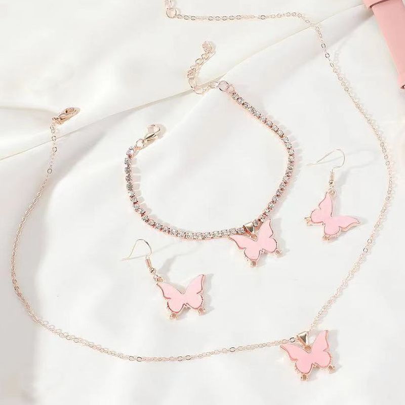 Temperament all match pink butterfly necklace bracelet earrings four piece set_voghion.com