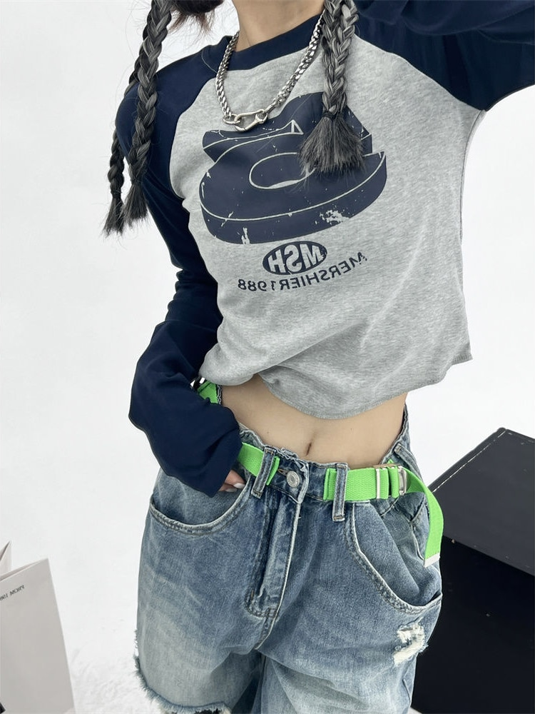 HOUZHOU Vintage Y2K Patchwork Groene T-shirts Vrouwen Hippie Streetwear T-shirts met lange mouwen Vrouwelijke Kpop Retro Herfst Crop_voghion.com