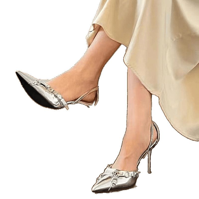 Sandali con tacco alto e punta chiusa in argento, stile punk versatile, di alta qualità, europei e americani._voghion.com