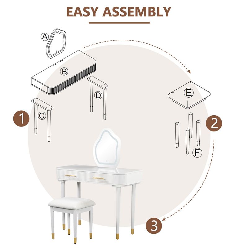 40" Modern Vanity Table Set With Mirror Touch Screen Lighted Mirror, Dressing Table And Cushioned Stool Set With 2 Large Drawers, White_voghion.com