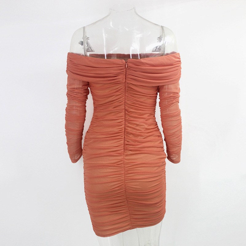Women's mesh mesh one-piece collar long-sleeved pleated dress_voghion.com
