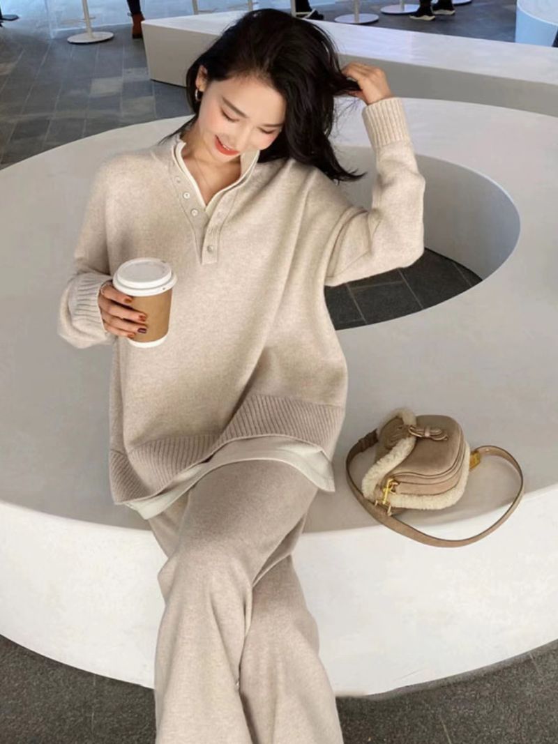 Trendy Youthful Sports Outfit 2025 Spring Autumn Women's Knitted Sweater Wide-Leg Pants Casual Two-Piece Set_voghion.com