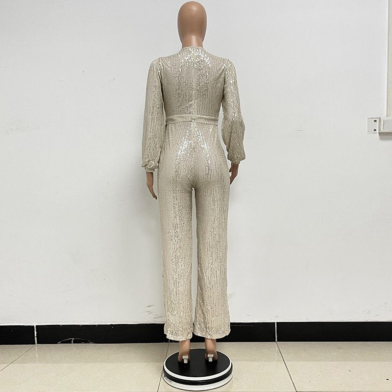 Damkläder Ins Style Deep V Mode Casual Jumpsuit Långärmat Bälte Paljett Jumpsuit Dam_voghion.com