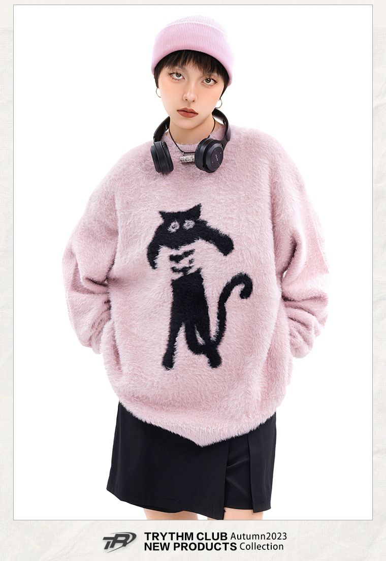 Herrenbekleidung Retro Cat Casual Pullover College Style Loose Pullover Paar Rundhalspullover_voghion.com