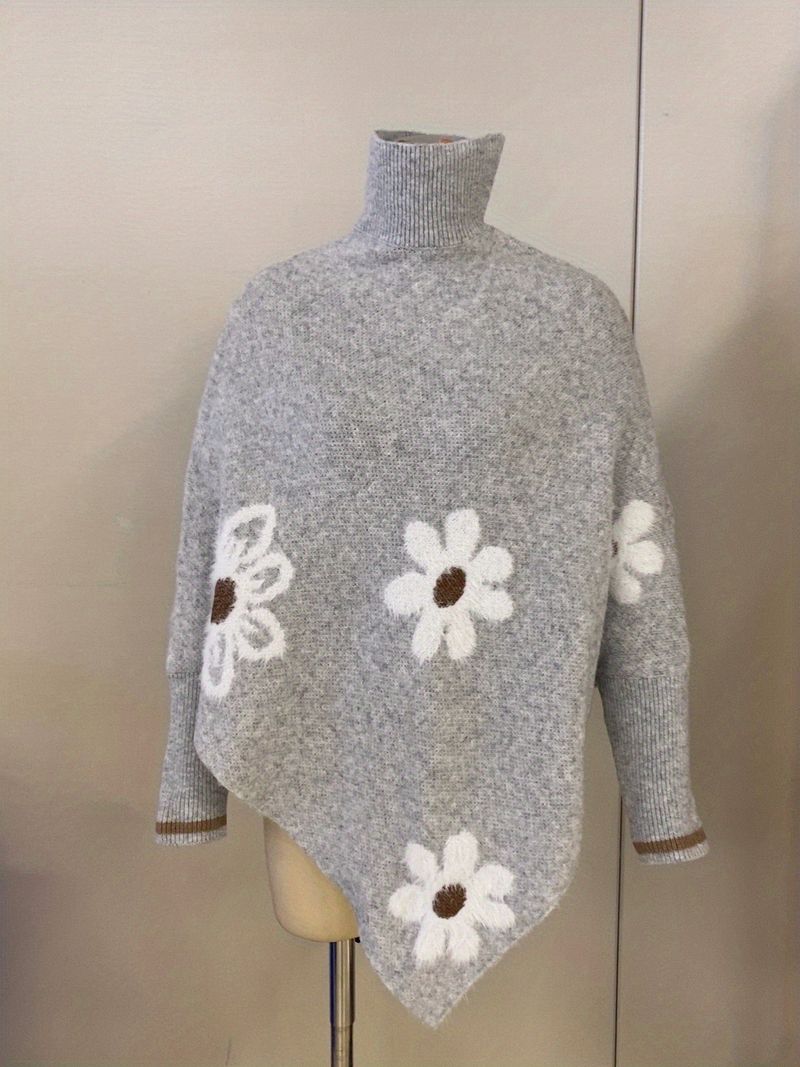 Blumen-Jacquard-Cape-Pullover – Europäisch inspirierter Pullover mit elegantem Cape-Detail (XS-XL, unverzichtbar für den Lagenlook im Herbst)_voghion.com