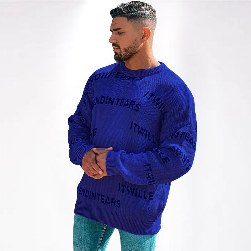 Men's Knit Letter American High Street Leisure Round Neck Loose Soft Waffle Pullover Top Men_voghion.com