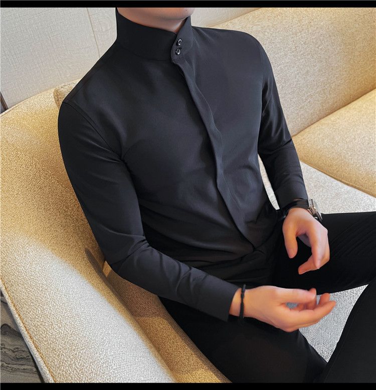 Chemises chinoises à manches longues et col montant, haut de gamme, coupe cintrée, boutons cachés, pour homme, style décontracté et léger, pour le printemps et l'automne_voghion.com