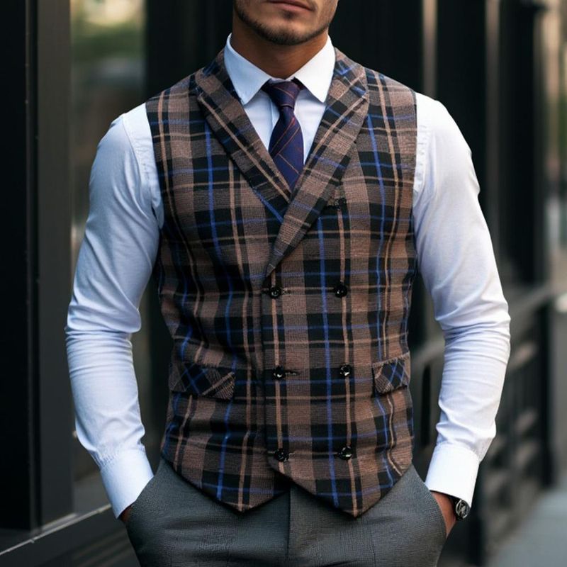 Retro dubbelrijs print gilet voor heren, geruit vest voor casual en zakelijke kleding_voghion.com