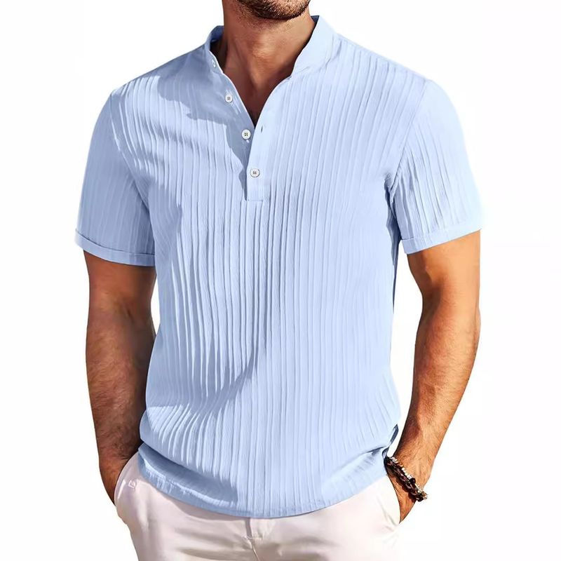 Abbigliamento Uomo Nuova Camicia Henry da Uomo Retro in Cotone e Lino a Righe, Casual e Ampia_voghion.com