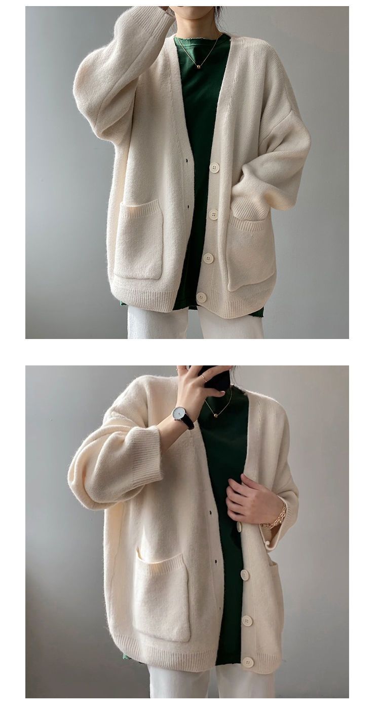 Cardigan en tricot surdimensionné à col en V pour femme, coupe ample, couleur unie, boutonné, décontracté_voghion.com
