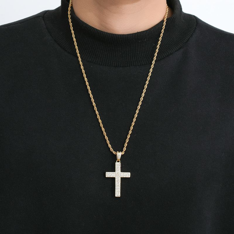 Collar con colgante de cruz de circonita de tres filas para hombre, estilo hip hop, accesorios populares de hip hop de moda para hombre._voghion.com
