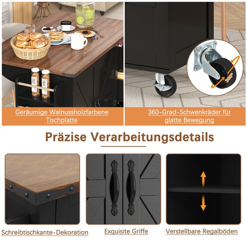 Küchenwagen Mit Ausziehbarer Arbeitsplatte, 2 Türen, 3 Schubladen, Schwarz_voghion.com