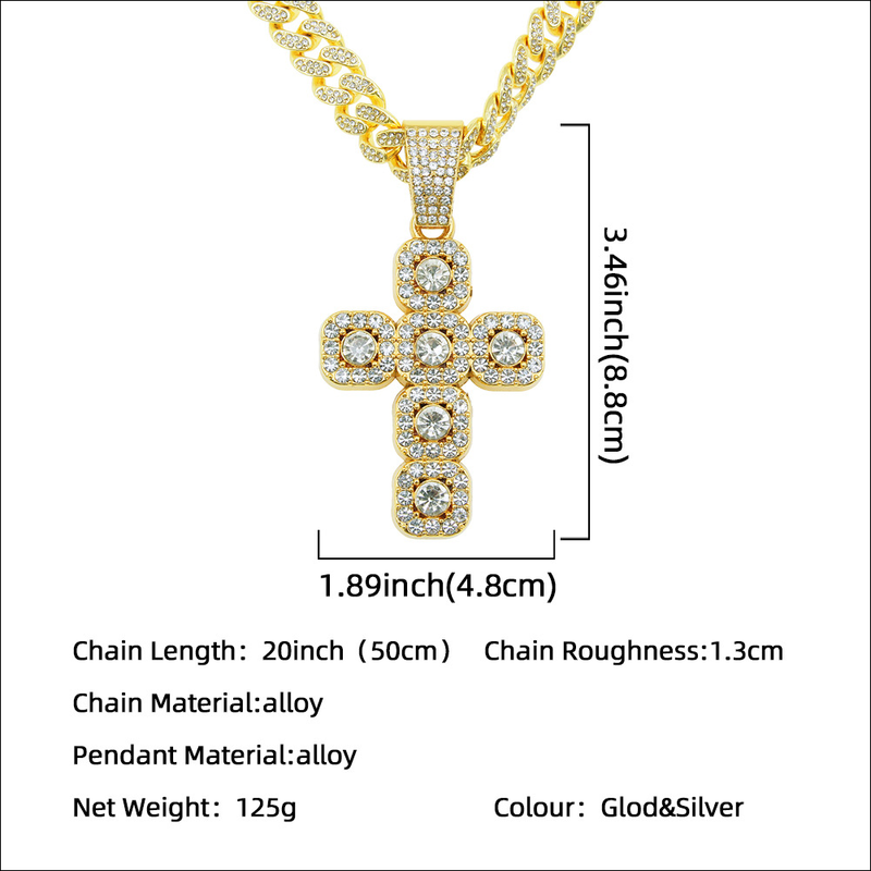 Designer elements hip-hop full diamond cross pendant Cuban chain necklace Men's cool and domineering personality collarbone chain neck chain_voghion.com