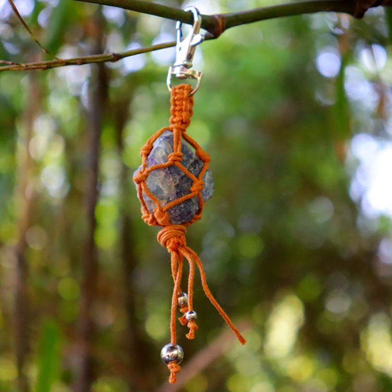 Natural Amethyst Tiger Eye Raw Stone Woven Pendant Keychain Irregular Net Bag Keychain Pendant_voghion.com