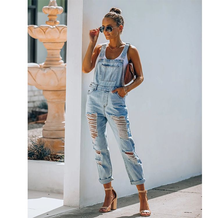 Women's Cross-border women's denim jumpsuits, light-colored temperament, commuter cotton denim, plain mid-waist, blue jeans, women_voghion.com