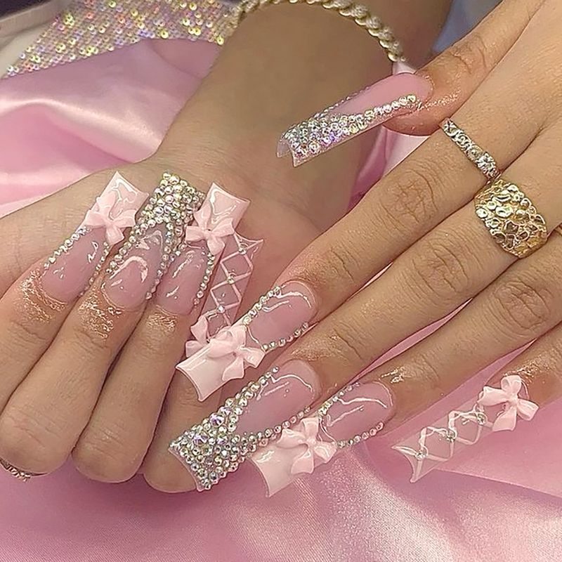 Eleganti unghie lunghe alla francese rosa con fiocco e strass - Unghie finte a pressione per donna, compatibili con colla/gel riutilizzabili, stile dolce e glamour_voghion.com