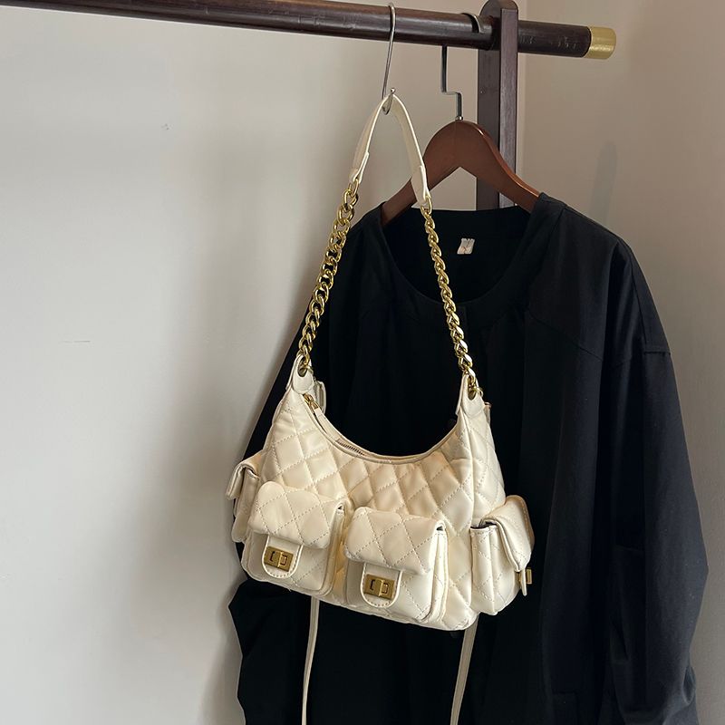 Borsa a tracolla con catena nera, motivo geometrico scozzese, nuova borsa a tracolla da donna con cerniera, primavera 2025, per moto_voghion.com