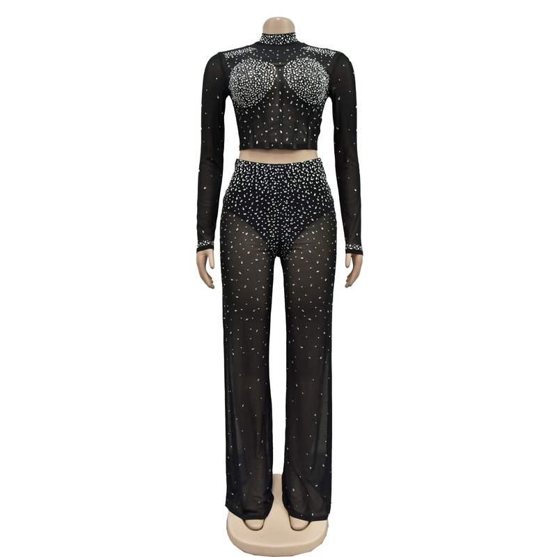Conjunto de duas peças de calças de manga comprida de diamante quente de malha de cor sólida feminina_voghion.com