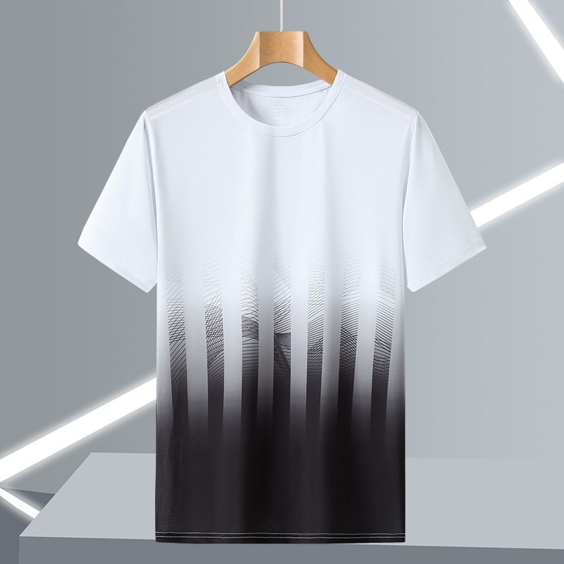 Sommer Neue Eisseide Großer Lockerer Farbverlaufsdruck Schnelltrocknendes Rundhals-Kurzes T-Shirt Halbarm Herrenbekleidung_voghion.com