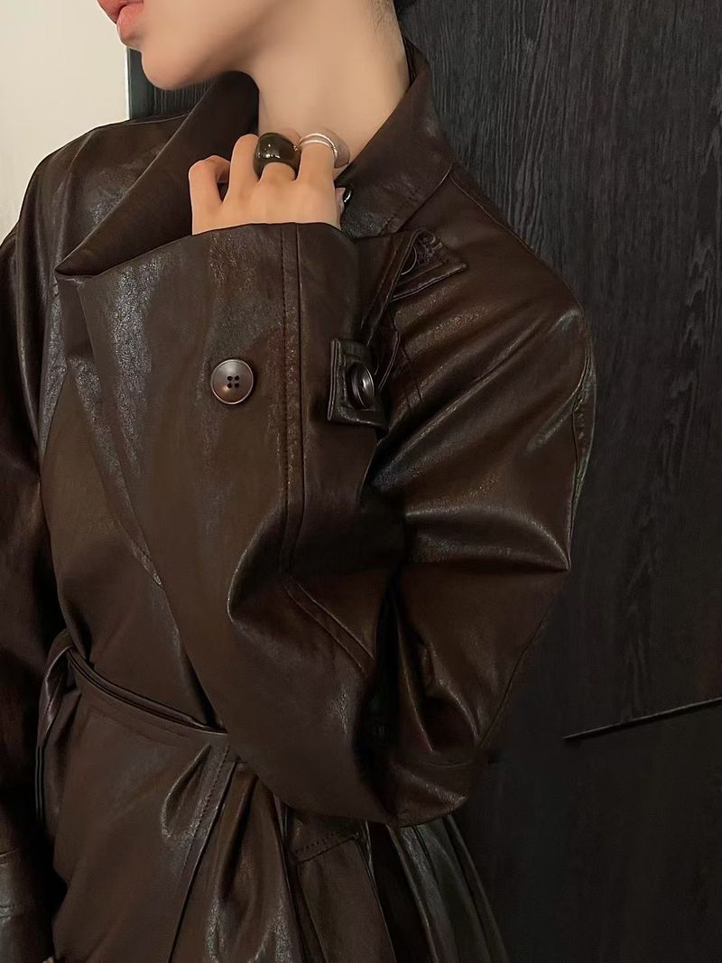 Trench vintage in similpelle per donna - Giacca a vento lunga e ampia con cintura e revers, effetto snellente_voghion.com