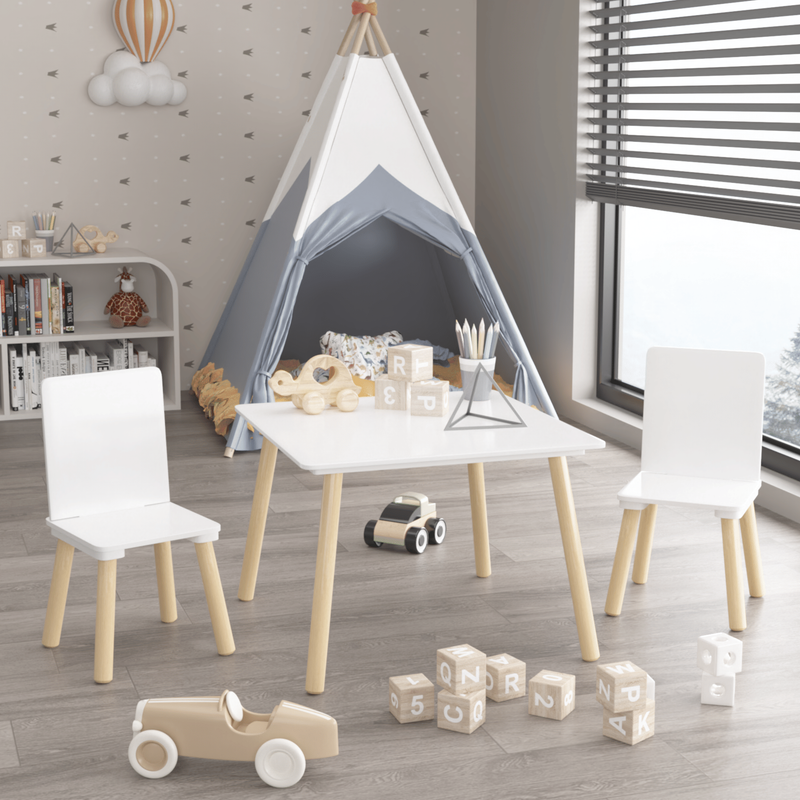 Kids Table And 2 Chairs Set, 3 Pieces Toddler Table And Chair Set, Wooden Activity Play Table Set (White)_voghion.com