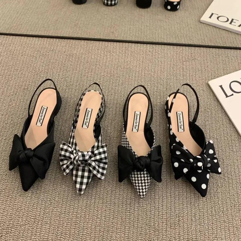 Summer Women's Fashion Shallow Bowknot Slingbacks Pumps Black And White Plaid Polka Dots Slip-on Low Heels Sandals_voghion.com