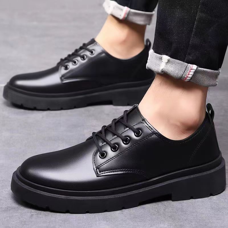Spring And Autumn Low-top Lace-up Black British Style Work Thick-soled Men's Casual Leather Shoes_voghion.com