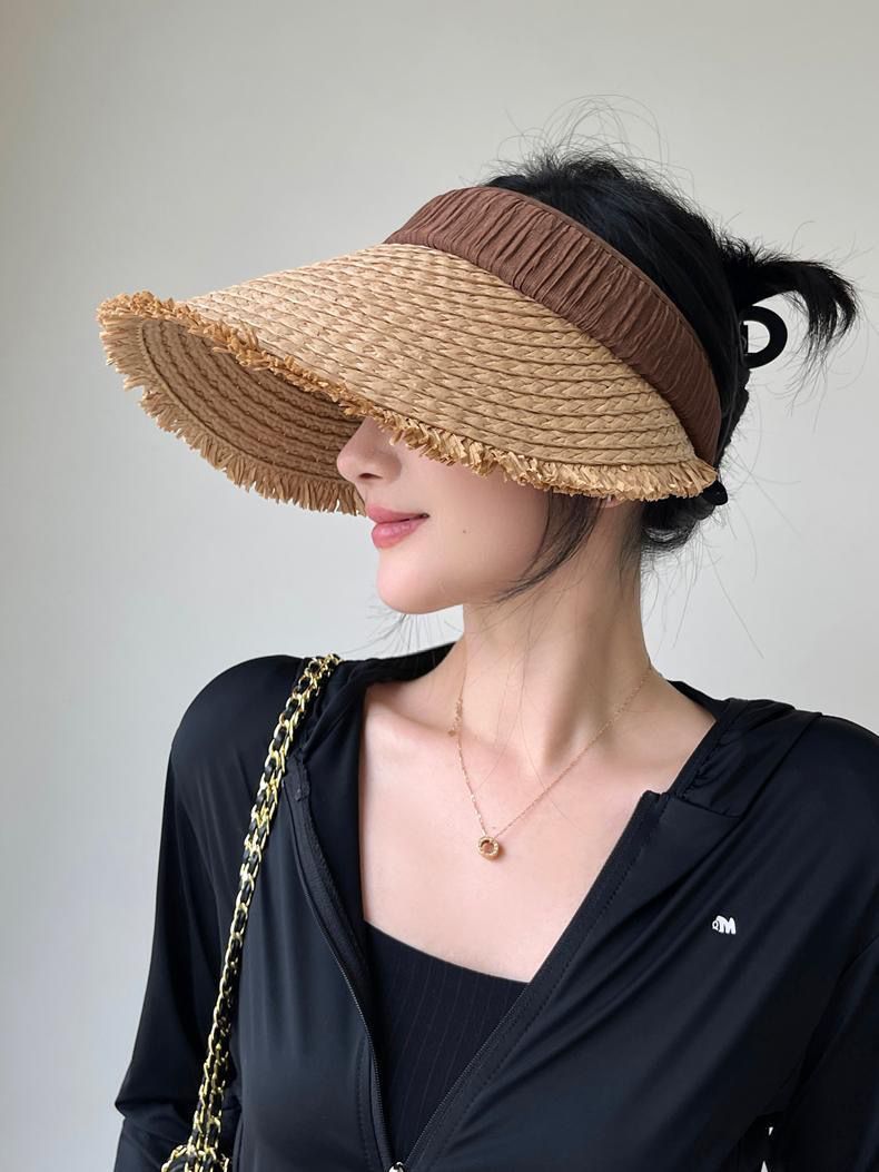 Cappello di protezione solare Big Eaves, cappello da sole estivo, da spiaggia, da viaggio, ultravioletto, per vacanze, cappello da sole con parte superiore vuota, cappello di paglia_voghion.com