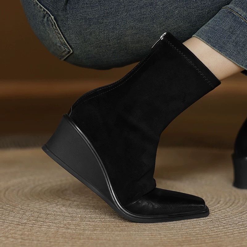 Elastische Dünne Neue Herbst Neue frauen Square Toe Patchwork Mode Blockabsatz High Heels Kurze Stiefel Frauen_voghion.com