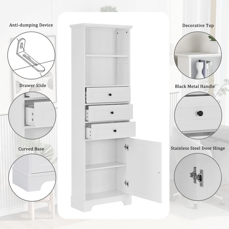 White Tall Storage Cabinet With 3 Drawers And Adjustable Shelves For Bathroom, Kitchen And Living Room, MDF Board With Painted Finish_voghion.com