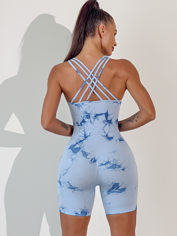 Combinaison de Yoga tout-en-un pour femmes, teinture par nouage, sans manches, élastique, levage des hanches, sport serré, séchage rapide_voghion.com