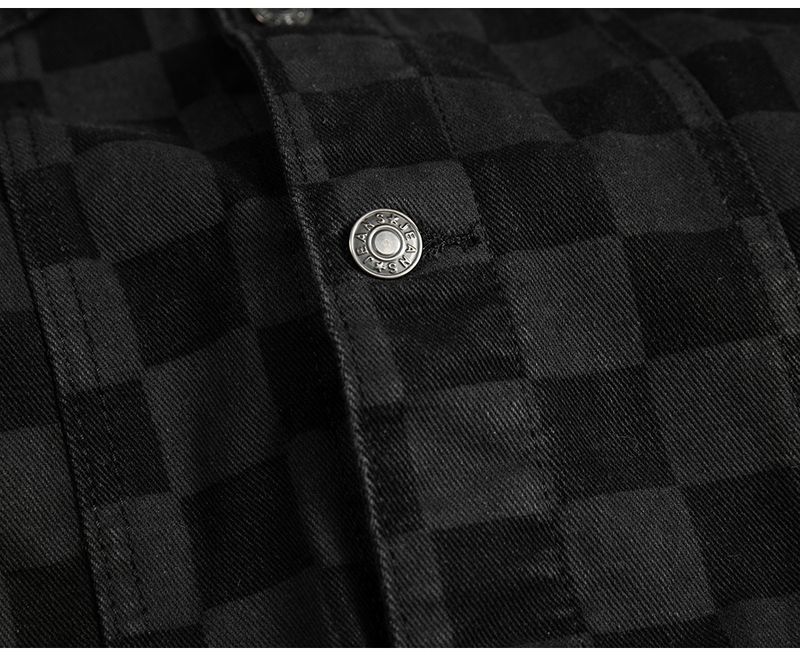 Herren Jeansjacke mit Karomuster, lässig, locker, kariert, schwarzer Mantel mit langen Ärmeln_voghion.com