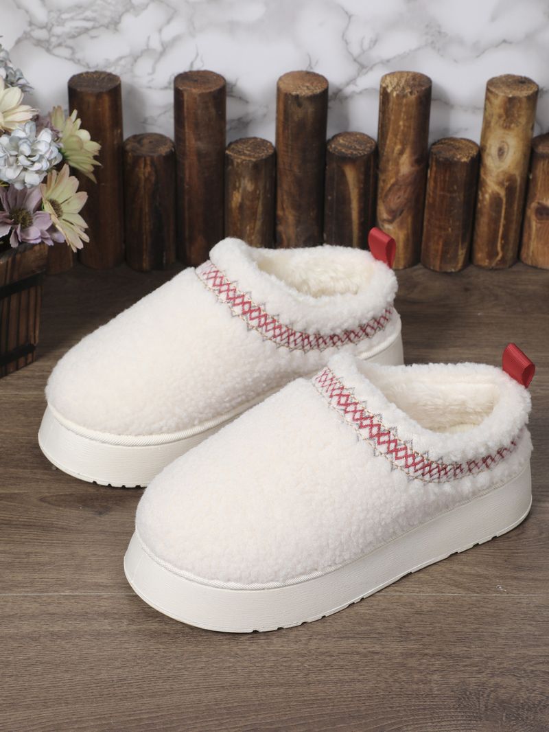 Pantofole invernali slip-on con fodera in pelliccia sintetica, suola in gomma spessa, ricami etnici, comode pantofole da interno/esterno (marrone/bianco/nero/beige)_voghion.com