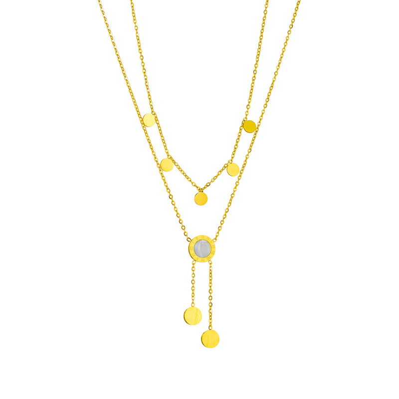 Double-layer Roman round brand shell tassel titanium steel clavicle chain niche design light luxury high-end temperament necklace_voghion.com