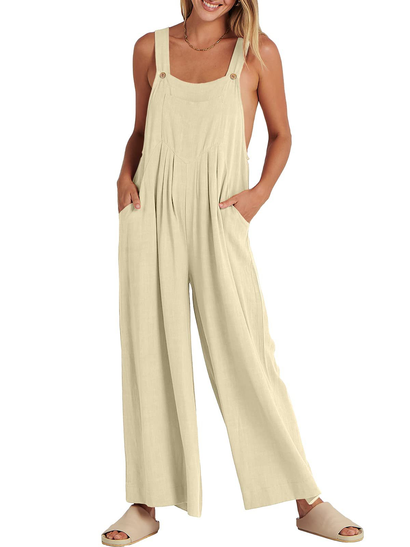 Women's clothing solid color loose casual cotton and linen overalls jumpsuit_voghion.com