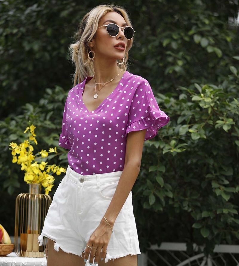 Maglietta estiva da donna a maniche corte con scollo a V e pois_voghion.com