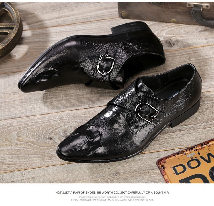 Sapatos formais de couro com estampa de crocodilo para homens com primeira camada de couro bovino em relevo inglês fivela monge Lumenke sapatos_voghion.com