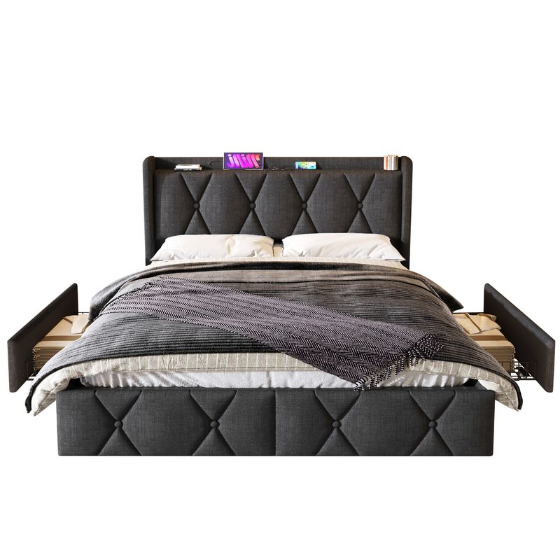 Cadre de lit double avec rangement 140 x 200 cm, avec port USB, tête de lit capitonnée et 4 tiroirs, sommier à lattes en bois gris (avec matelas)_voghion.com