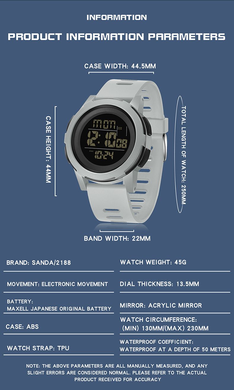 Digitaal horloge met LED-display, waterdicht, nachtlampje, alarm, stopwatch, aftelfunctie, dubbele tijd, unisex casual sporthorloge_voghion.com