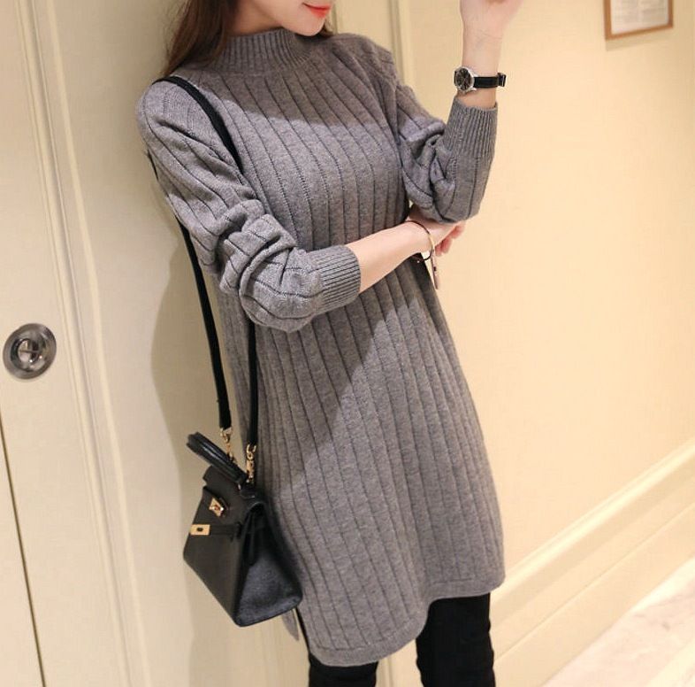 Pull mi-long à col roulé et ourlet rayé pour femme, style coréen, nouvelle collection automne-hiver_voghion.com