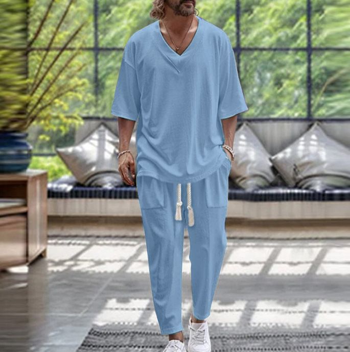 Men's Clothing Cotton And Linen V Neck T Shirt Casual Short Sleeved Trousers Beach Suit_voghion.com