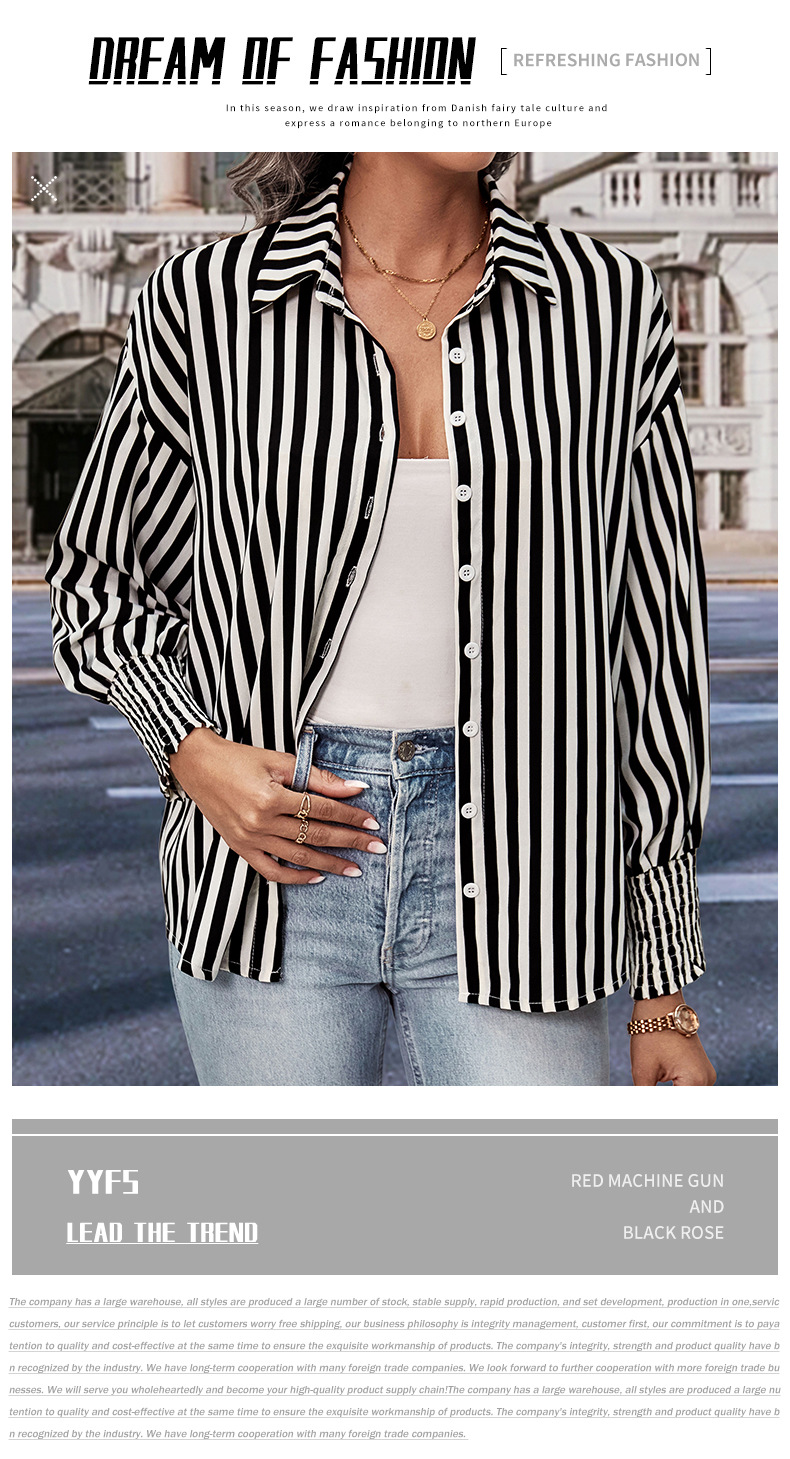 Top da donna Camicia a righe bianche e nere a maniche lunghe_voghion.com
