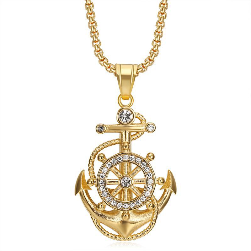 Hip hop jewelry titanium steel vacuum gold plated rhinestone anchor pendant necklace_voghion.com