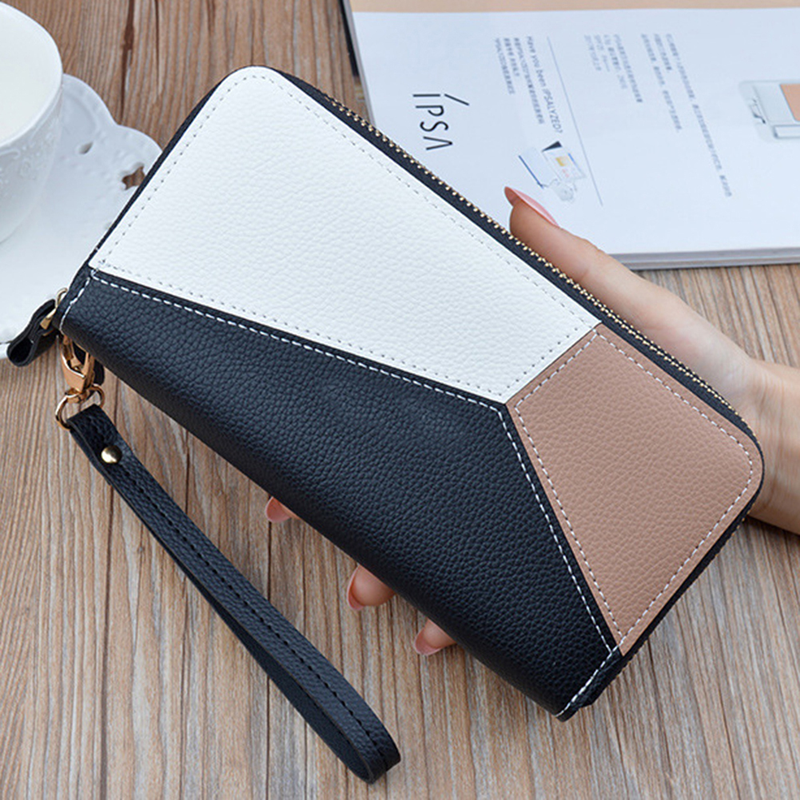 Lihanbao Bolsa de couro feminina com zíper duplo, carteira, porta-cartões e celular, pulseira preta_voghion.com