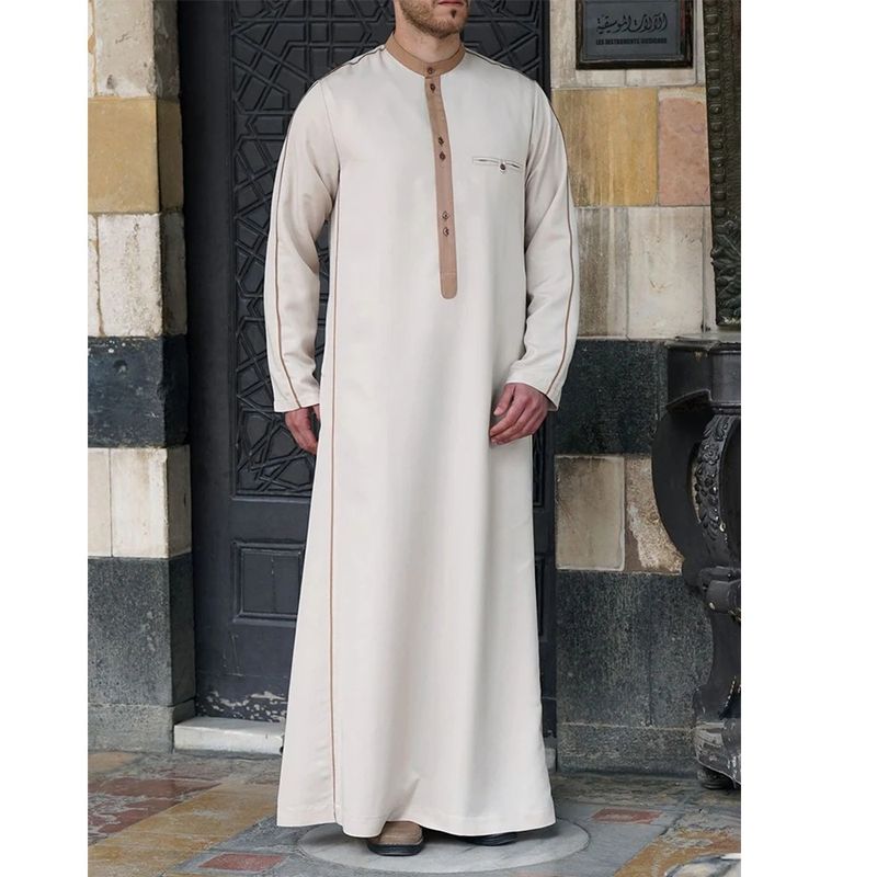 Herrenbekleidung Lange Herren Stehkragen Knopf Muslim Robe Männer_voghion.com