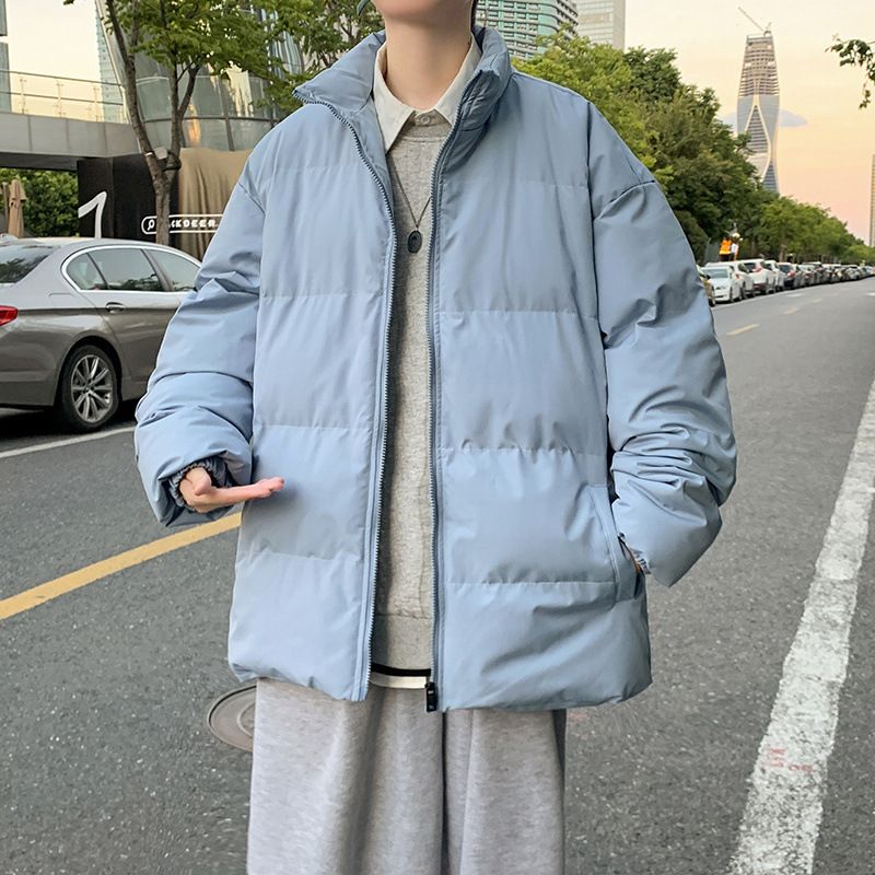 2024 Men Solid Color Warm Puffer Jacket Trendy Loose Plus Size Short Stand Collar Cotton Coat Winter Wear_voghion.com