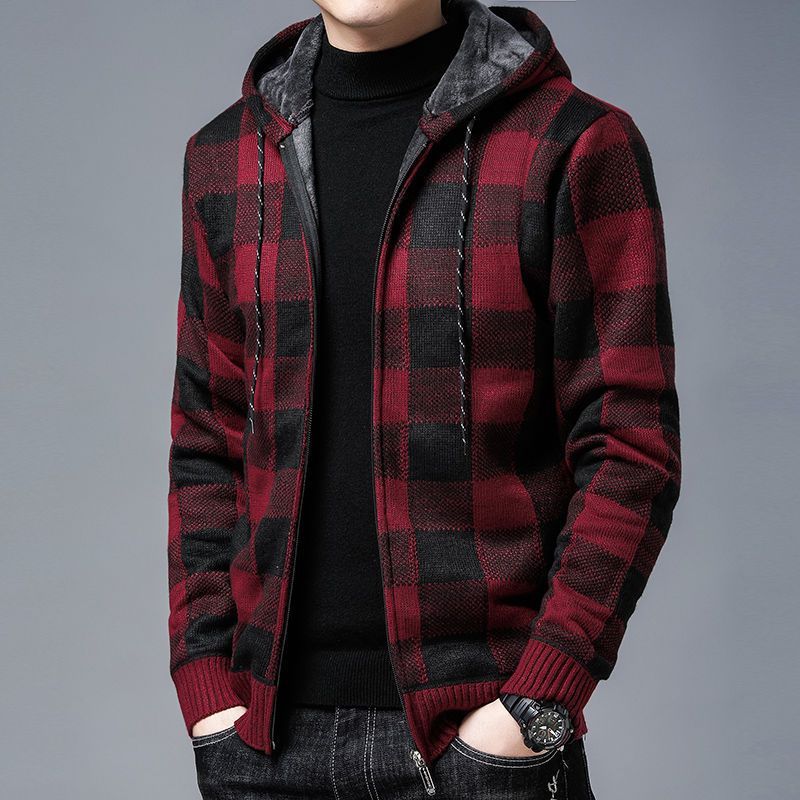 Trui Herfst Winter Mode Casual Geruite Capuchon Fleece Verdikt Heren Losse Pasvorm Plus Size Warme Cardigan_voghion.com