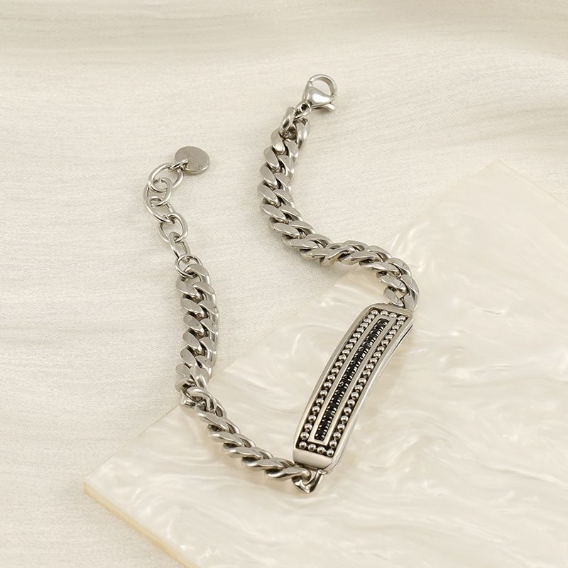 Bracciale unisex in acciaio inossidabile con catena cubana in titanio, versatile, alla moda, semplice e resistente, con etichetta curva e diamanti intarsiati_voghion.com